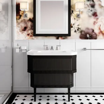 Тумба из лакир дерева Devon&Devon Metropolitan Ceramic DEEP BLACK 89х87.5 с раковиной из белой керамики на 3 отв планки крашенное дерево WARM GREY METWGL3FBI