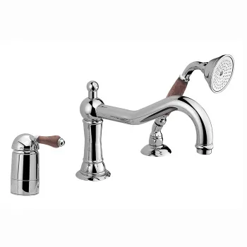 Смеситель на борт ванны Nicolazzi Forest на 3 отверстия, с изливом 246мм и ручным душем, ручки дерево, хром 3449CR77