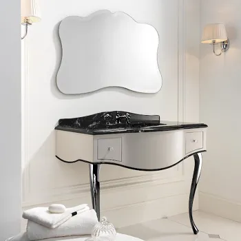 Консоль Devon&Devon Audrey 111х57,5хh89,5/99,5 мрамор NERO MARQUINHA c 3отв, корпус, белый PW с кантом черн DB, ножки хром без раков.SWINDON DEAUDRNMACR/PWcprDB/LS-SWINDON/3F