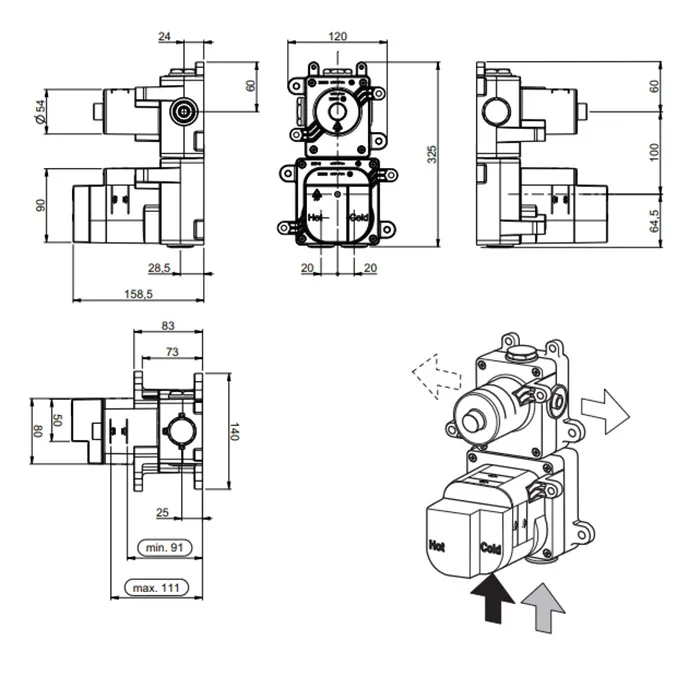 Внутренняя часть термостата Almar на 4 потребителя, 2 девиатора, E176504