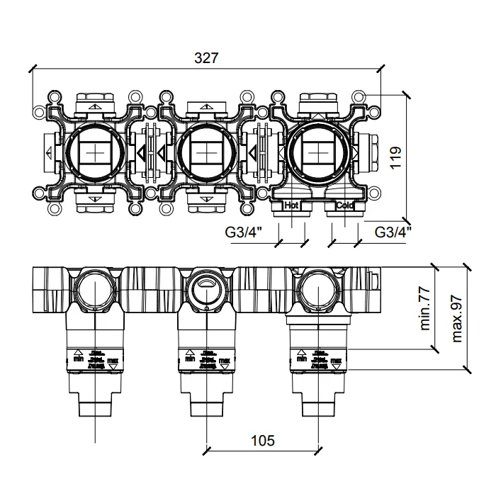 Встраиваемая часть термостатического смесителя Almar на 2 потребителя, горизонтальный модуль, E176908