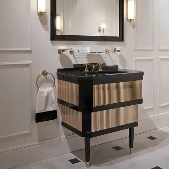 Тумба под раковину Devon&Devon Metropolitan DEEP BLACK 88,5 планками светл золото столешница GRANITO NERO ASSOLUTO раковина SWINDON черная METOTGRNSNE