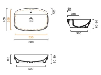 Раковина 60×40 Catalano Alvea встраиваемая с 1 отверстием Lino satinato 0625601030