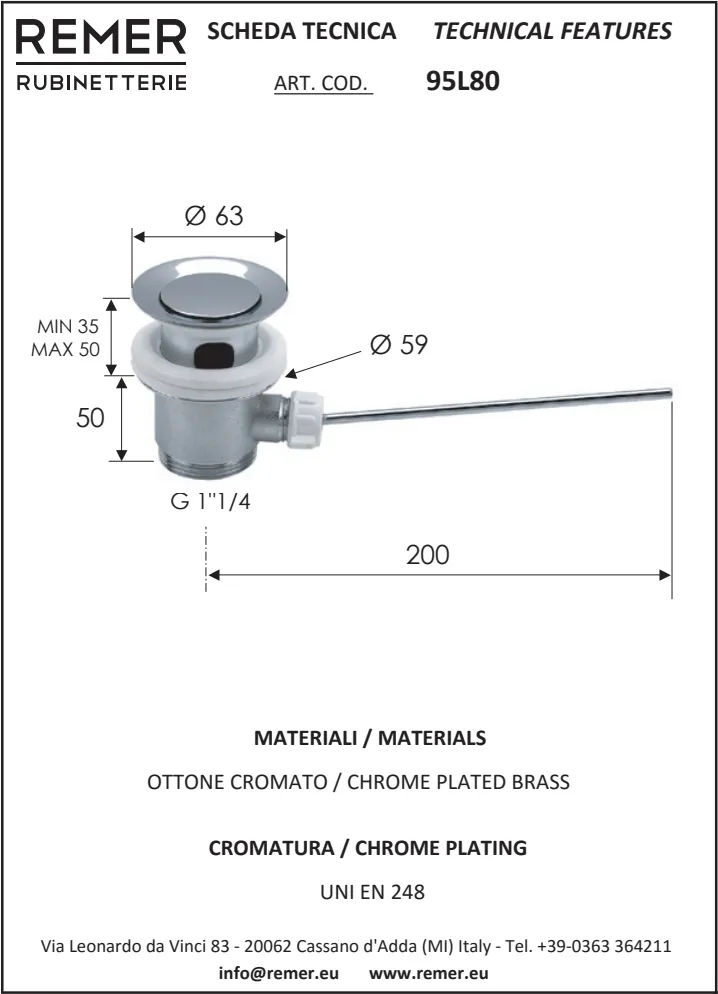 Донный клапан Remer 1.1/4" с тягой 95L80