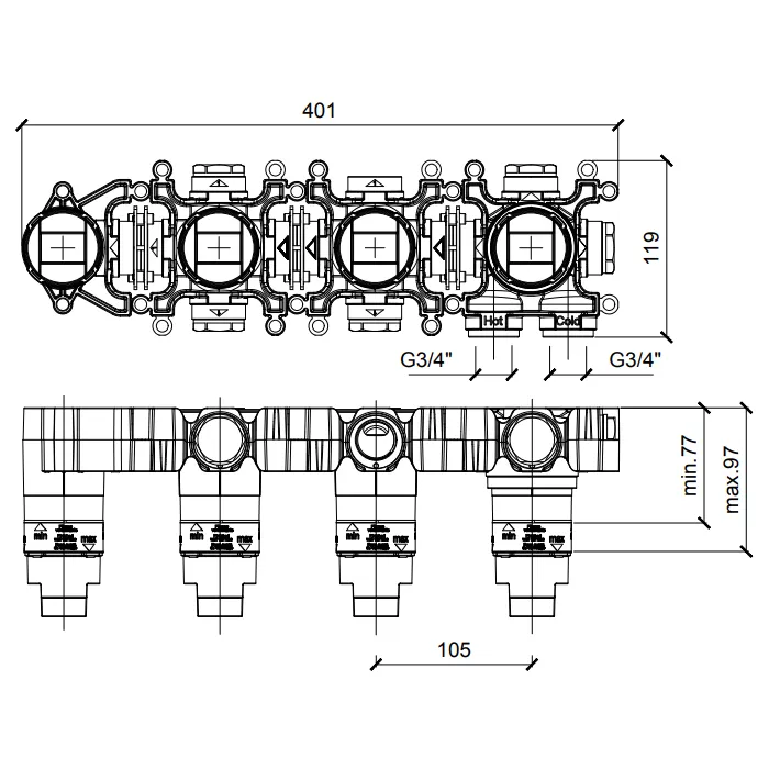 Встраиваемая часть термостатического смесителя с переключателем Almar на 2 положения, горизонтальный модуль, E176910