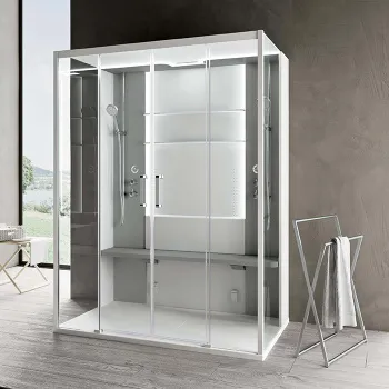 Душевая кабина Novellini Skill Dual 1600х970х2190, пристенная, левая, поддон 125, стенка белая глянцевая, вставки Light grey, стекло прозрачн, SKI2A169ST5-1AN1