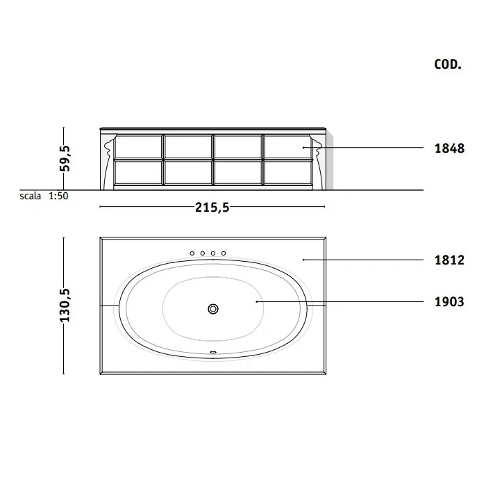 Основание для отдельностоящей ванны Vitage Milldue Edition Hilton 2150х1300х620, с подсветкой, цок. и подставка под стол сталь, отделка зеркало Fum&egrave;, 1828.71.98.LED