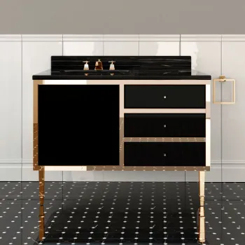 Тумба под раковину Devon&Devon Jazz 120,2 с дверцей и 3мя выдвижными ящиками фурнитура, золото. Материал - МДФ снаружи высокоглянцевый лак B2