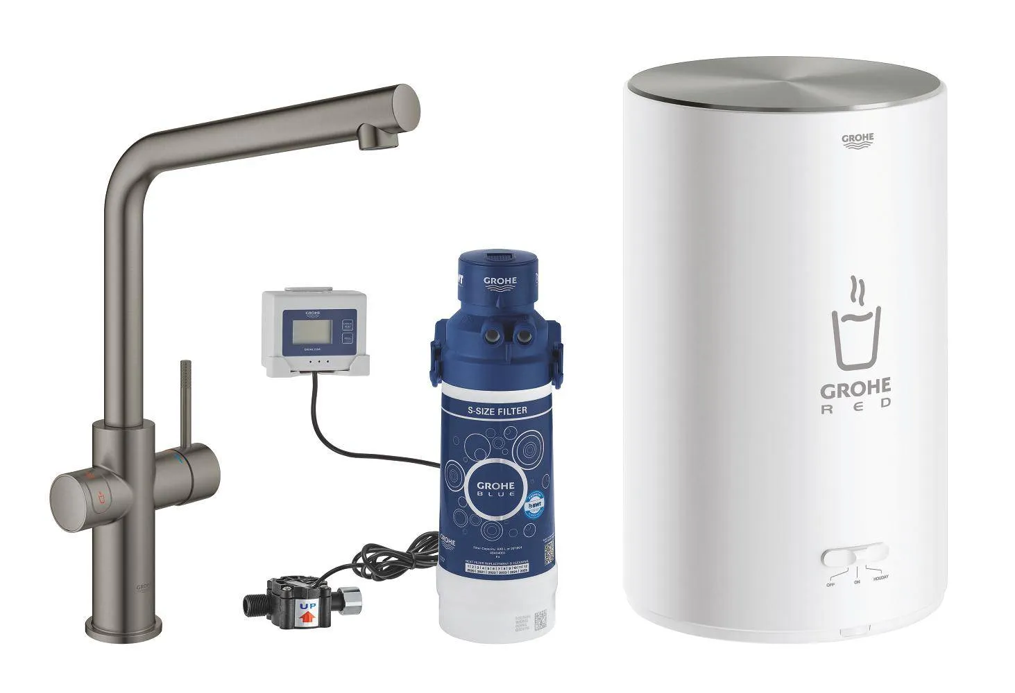 Комплект для кухни GROHE Red Duo II с бойлером M-size, смеситель с L-образным изливом, темный графит