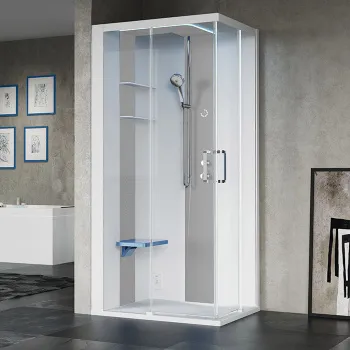Душевая кабина Novellini Skill A 1000х800х2175, левая, Essential, поддон 125, смес термос, стенки бел глянц, вставки Light grey, стекло прозр, SKIA109ST1F-1AN1