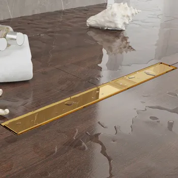 Трап душевой Plumberia Selection PS LINEAR 6x90 2устор. накладка из нерж.стали, комбинир.затвор с горизонт. Выпуском Ду 50мм,40л/мин, золото 24К, PSL90OR