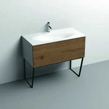 Тумба подвесная Kerasan Shape Mobile 1020х520 , напольный, 1 ящик, боковины белые, ножки черные матовые, фронт дуб 9334K1