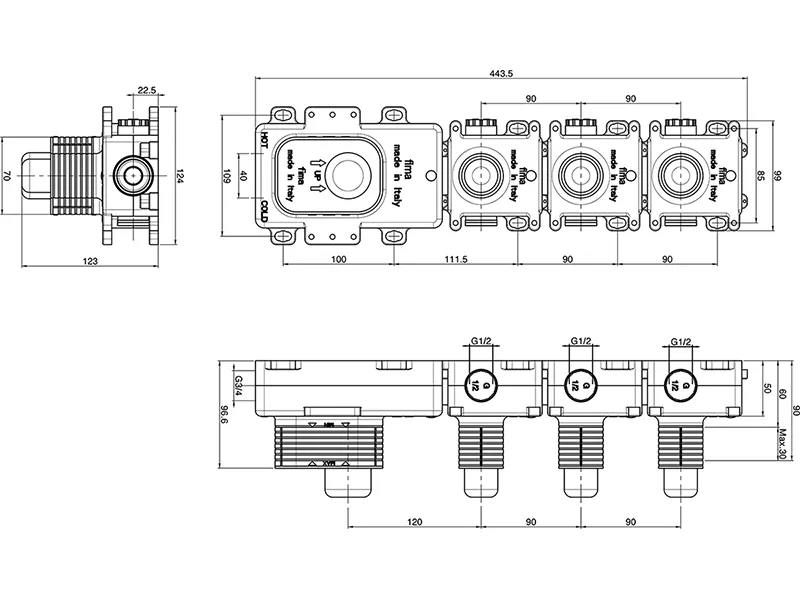 Встраиваемая часть смесителя с механическим управлением на 3 выхода Fima Carlo Frattini FimaBox F2463M