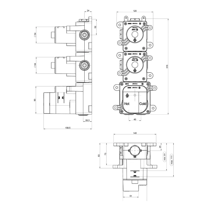 Встраиваемая часть термостатического смесителя Almar на 2 выхода, E176002