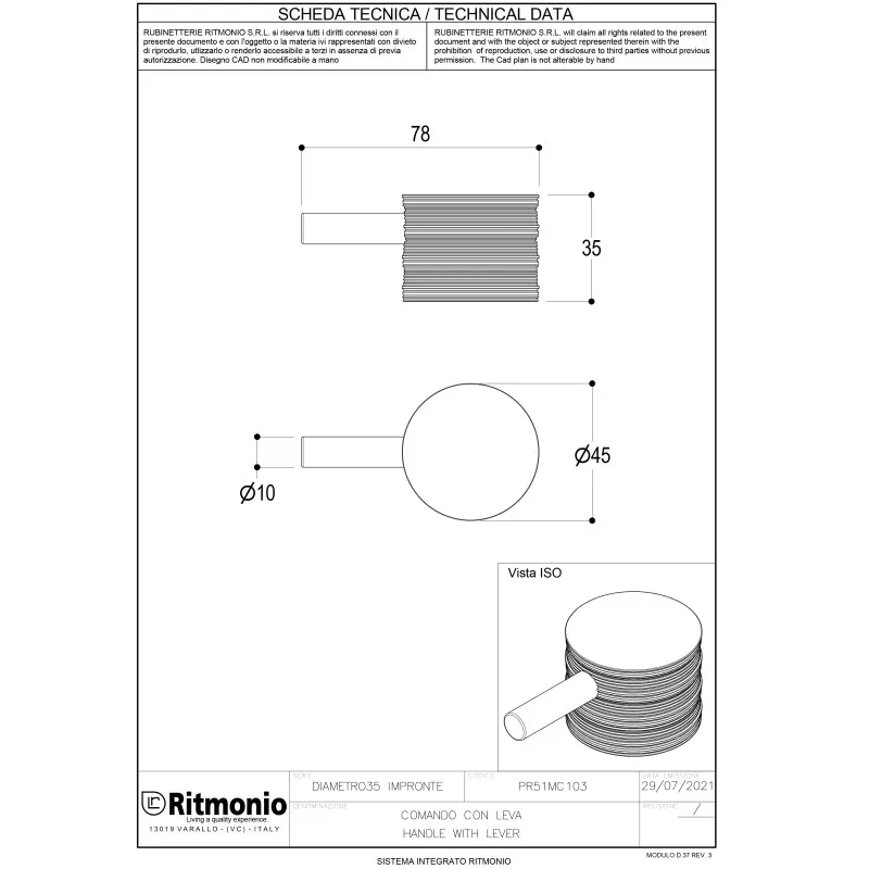 Ручка для смесителя Ritmonio Diametro35 Impronte хром PR51MC103CRL