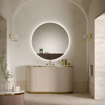 Тумба Oasis Naos 28x56x85 боковая округлой формы с 1 дверцей и стеклянными полками/левая, лак глянцевый/золото глянцевое 0NAOB9C006