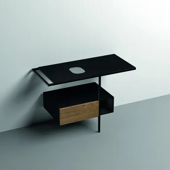 Структура металлическая напольная Kerasan Thelma 108х74, нерж сталь, с полкой,ящиком, с отв под раковину,полотенцедержателем, черный матовый 9323k1