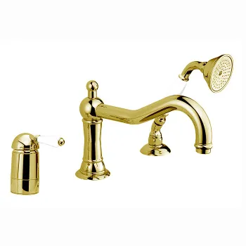 Смеситель на борт ванны Nicolazzi P.M. Blanc на 3 отверстия, с изливом 246мм и ручным душем, ручки белая керамика, english gold 3449GF76