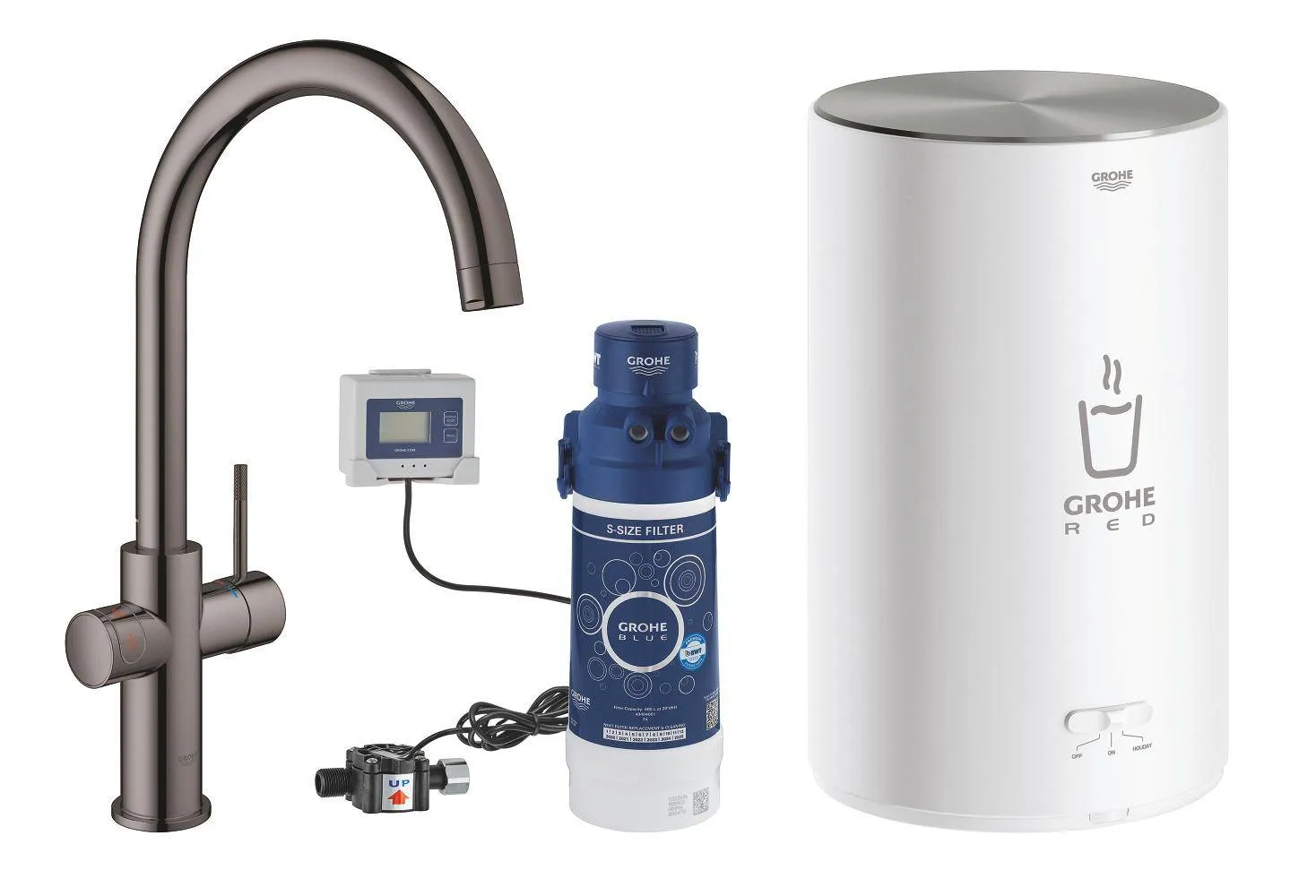 Комплект для кухни GROHE Red Duo II с бойлером M-size, смеситель с C-образным изливом, темный графит