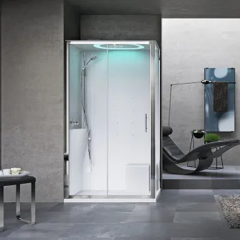 Душевая кабина Novellini Eon 2p 1200х800х2210, левая, термост, гидромассаж, верхний душ, подсв, стенки белые глянцев, фурн хром, стекло прозр, EON2P129ST1F-1AK