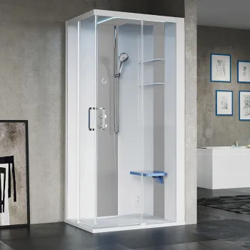 Душевая кабина Novellini Skill A 1000х800х2175, правая, Essential, поддон 125, смес термос, стенки бел глянц, вставки Light grey, стекло прозр, SKIA109DT1F-1AN1
