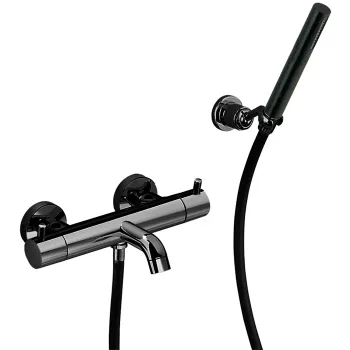Смеситель термостатический для ванны Cisal Less New настенный, с ручной лейкой,держателем и шлангом, черный матовый LND2301640
