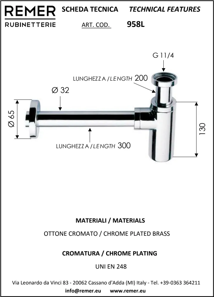 Сифон Remer 1”1/4 без выпуска латунь хром цилиндр h130 958L
