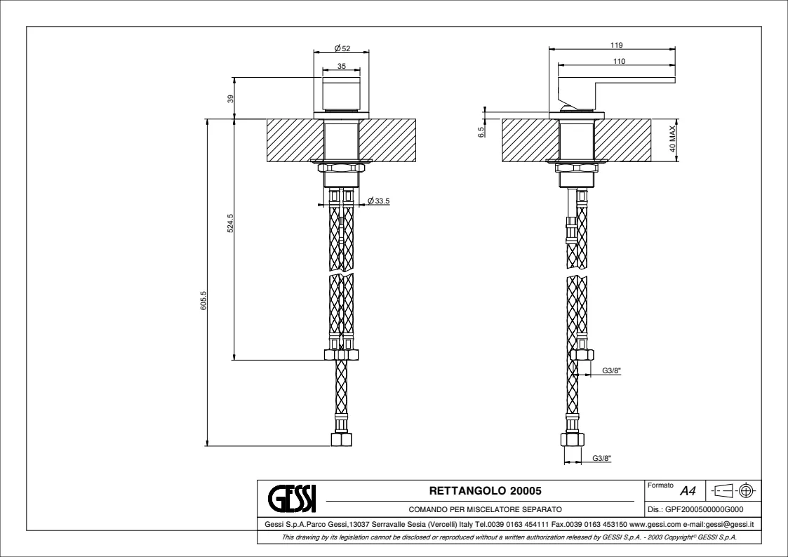 Рычаг удаленного управления Gessi Rettangolo 20005.031 Chrome