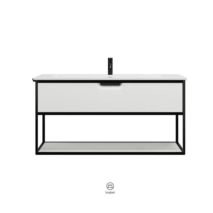 Burgbad Vry Комплект мебели 1230х496х600 мм, подвесной, 1 ящик, 1 полка, раков белая глянц с 1 отв для смес, ручка G0253, цвет белый матовый SGUJ123F6019GO253C0001*1