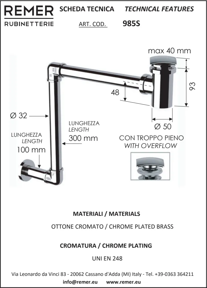 Сифон Remer с донным клапаном 985S