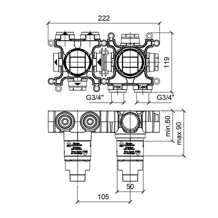 Встраиваемая часть термостатического смесителя с переключателем Almar на 3 положения, горизонтальный модуль, E176902