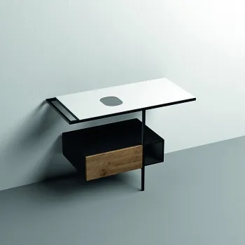 Структура металлическая напольная Kerasan Thelma 108х74, нерж сталь, с полкой,ящиком, с отв под раковину,полотенце, белый мат/черный матовый 9323k2