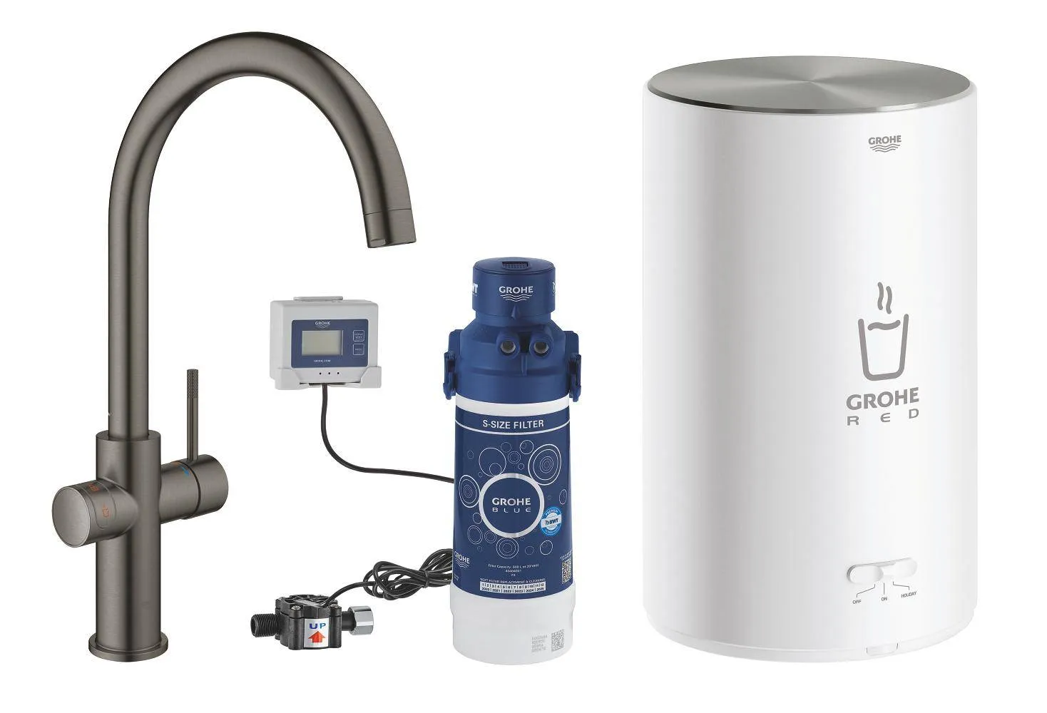 Комплект для кухни GROHE Red Duo II с бойлером M-size, смеситель с C-образным изливом, темный графит