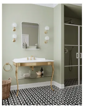 Консоль Devon&Devon Jacqueline Ceramic 109х58хh85,5/95,6 керамич. раков.с 1отв., бел с метал.структ.напольн,, св.золото полка прозр DEJACQ1FBIOTTR