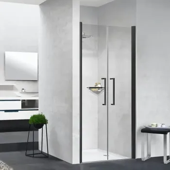 Дверь для душа Novellini Young 770-810х2000, распашная, двухстворчатая, открывание внутрь и наружу, профиль черный матовый, стекло прозрачное, Y22B77-1H