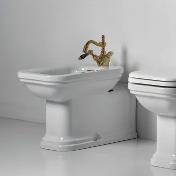 Биде напольное пристенное удлиненное Kerasan Waldorf Prolungato 65х37, с 1 отв под смеситель, белое, заглушки хром 4120K1bi/cr*1