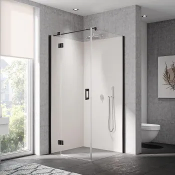 Дверь для угла Kermi Liga c неп.частью 860-885х2000, петли слева, Schwarz Soft+прозрачное стекло+Kermiclean, LI SNL 09020 3PK