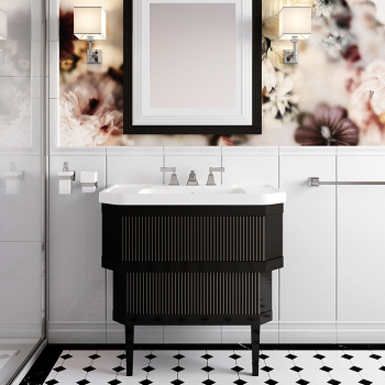 Тумба из лакир дерева Devon&Devon Metropolitan Ceramic DEEP BLACK 89х87.5 с раковиной из белой керамики на 3 отв планки крашенное дерево WARM GREY METWGL3FBI