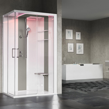 Душевая кабина Novellini Skill A 1200х800х2175, правая, Essential, поддон 125, смес термос, стенки бел глянц, вставки Light grey, стекло прозр, SKIA129DT1F-1AN1