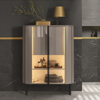 Шкаф напольный Burgbad Lavo 2.0 101х41х136.5см., 2 стеклянных двери, 1 полка, 1 внутр ящик, подсветка, ручки и ножки черные, цвет: Basaltgrau Mat