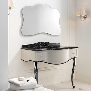 Консоль Devon&Devon Audrey 111х57,5хh89,5/99,5 мрамор NERO MARQUINHA c 3отв, корпус, белый PW с кантом черн DB, ножки хром без раков.SWINDON DEAUDRNMACR/PWcprDB/LS-SWINDON/3F