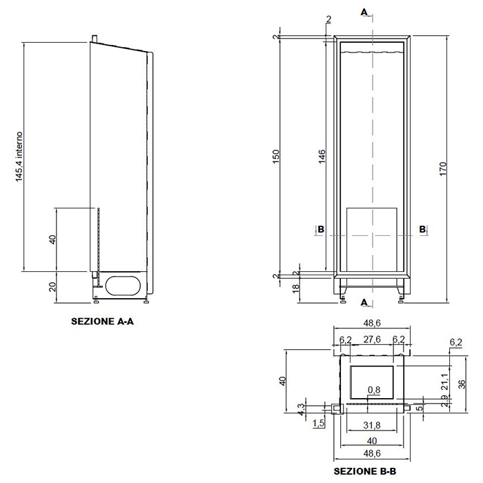 Antonio Lupi Teka Камин 48.6х40х170см, встраиваемый в стену, на биоэт, корп из стали, с противопожарн стеклом и горелкой LAFLACA, покрыт черной краской TEKA170