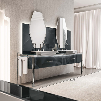 Тумба под раковину Vitage Milldue Edition Hilton 2 раковины 2266х566х770, 2 бок стенки с ножками, 2 ящика, фурнитура полир сталь, отделка стекло onice smoke, H123.95.98