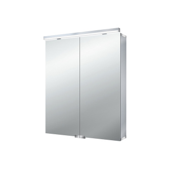 Зеркальный шкаф алюминиевый Emco Flat 600, LED-подсветка, 2 двери, 2 полки, розетка, без нижней подсветки, 9797 050 63
