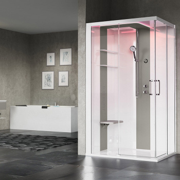 Душевая кабина Novellini Skill A 1200х800х2175, левая, Essential, поддон 125, смес термос, стенки бел глянц, вставки Light grey, стекло прозр, SKIA129ST1F-1AN1