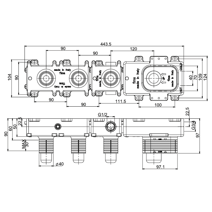 Внутренняя часть встраиваемого механического смесителя для душа Fima Carlo Frattini на 2 источника F2462/1M