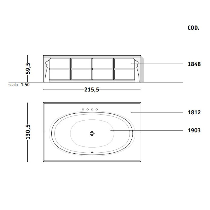 Топ зеркальный для ванны Vitage Milldue Edition Hilton 2155х1305х10, отделка зеркало Fum&egrave;, 1810.71