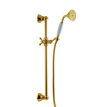 Душевая штанга из латуни в комплекте со шлангом Fima Carlo Frattini Wellness 1500 и ручным душем из латуни, ручка из белой керамики, золото F2044/3OR