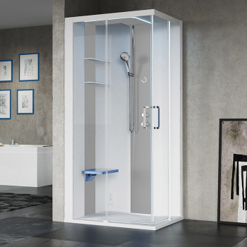 Душевая кабина Novellini Skill A 1000х800х2175, левая, Essential, поддон 125, смес термос, стенки бел глянц, вставки Light grey, стекло прозр, SKIA109ST1F-1AN1