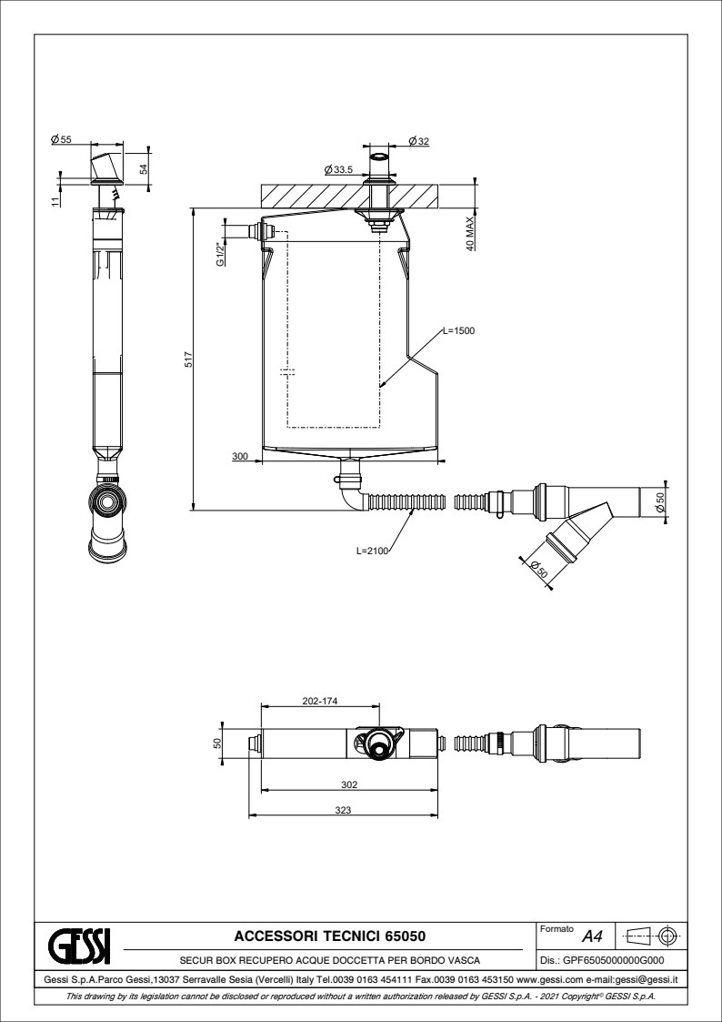 Система сбора воды для ручного душа  Gessi VENTI20 65050.149 Finox Brushed Nickel